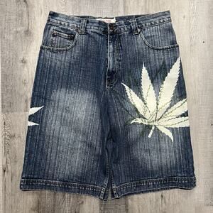VTG Muka Jean Shorts Blue Embroidered Marijuana Leaf Baggy Skate Y2K Jorts 38